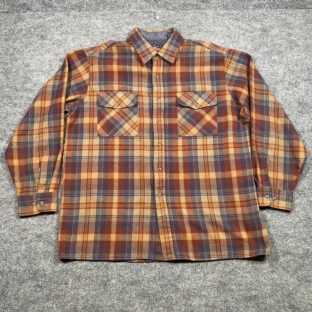 Backpacker‎ Sportswear Mens XL Plaid Flannel Shirt Rust Blue Acrylic Long Sleeve
